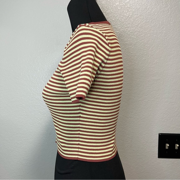 Zara Crewneck Ribbed Short Sleeve Brown Coffee Mint Green Striped CropTop LARGE - Picture 6 of 6